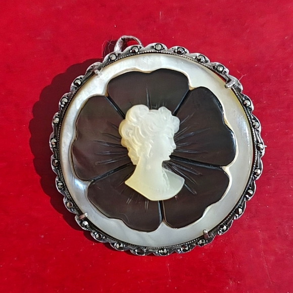 Amazing Antique 800 Silver Carved Shell Marcasite Cameo Brooch - Picture 4 of 13